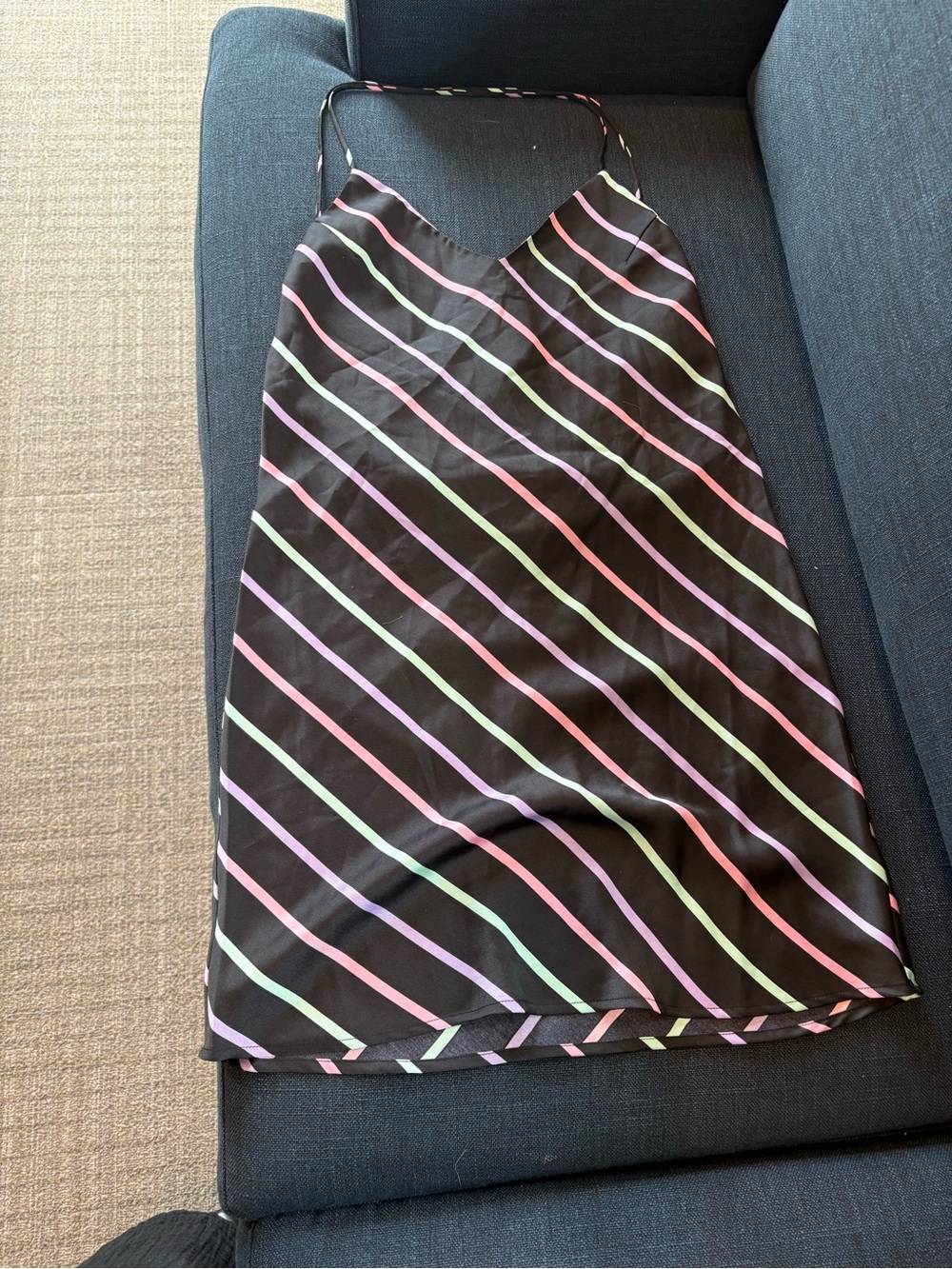 Wayf Black Mini Dress with Pink, Green & Purple Diagonal Stripes